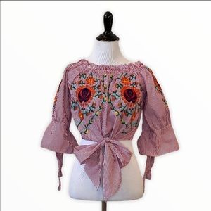 Ema Mia Sleeve off Shoulder Embroidery front tie top -Size Small